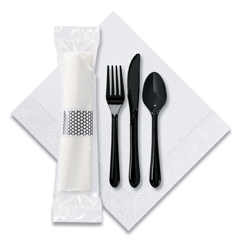 Image of CaterWrap Cater to Go Express Cutlery Kit, Fork/Knife/Spoon/Napkin, Black, 100/Carton