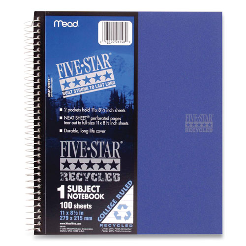 Image of Five Star® Recycled Personal Notebook, 1-Subject, Medium/College Rule, Randomly Assorted Cover Color, (100) 11 X 8.5 Sheets