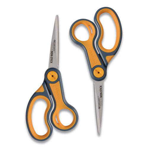 Non-Stick Titanium Bonded Scissors, 8" Long, 3.25" Cut Length, Gray/Orange Straight Handles, 2/Pack