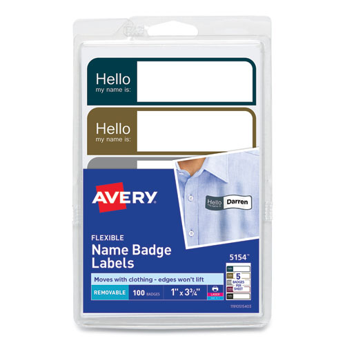 Avery® Flexible Self-Adhesive Mini Name Badge Labels, 1 x 3.75, Hello, Assorted, 100/Pack