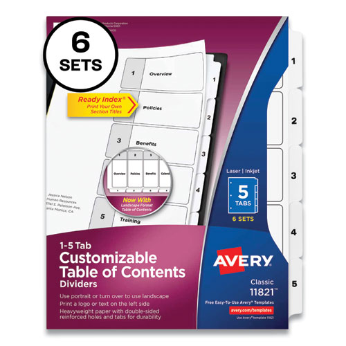 Avery® Customizable Table of Contents Ready Index Black and White Dividers, 10-Tab, 1 to 10, 11 x 8.5, White, 6 Sets