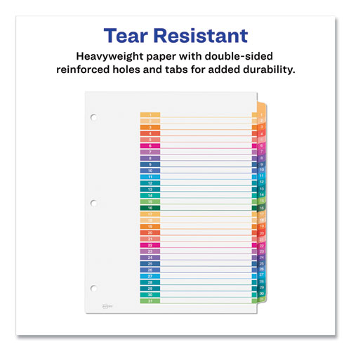 Customizable Table of Contents Ready Index Multicolor Dividers, 31-Tab, 1 to 31, 11 x 8.5, White, 6 Sets