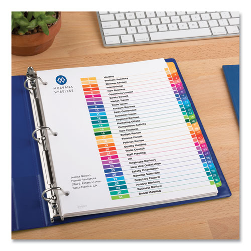 Customizable Table of Contents Ready Index Multicolor Dividers, 31-Tab, 1 to 31, 11 x 8.5, White, 6 Sets