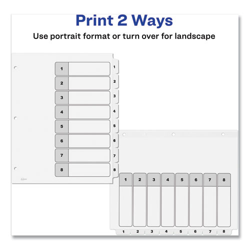 Customizable Table of Contents Ready Index Black and White Dividers, 8-Tab, 1 to 8, 11 x 8.5, White, 6 Sets