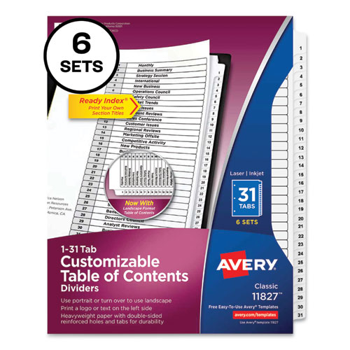 Avery® Customizable Table Of Contents Ready Index Black And White Dividers, 31-Tab, 1 To 31, 11 X 8.5, White, 6 Sets