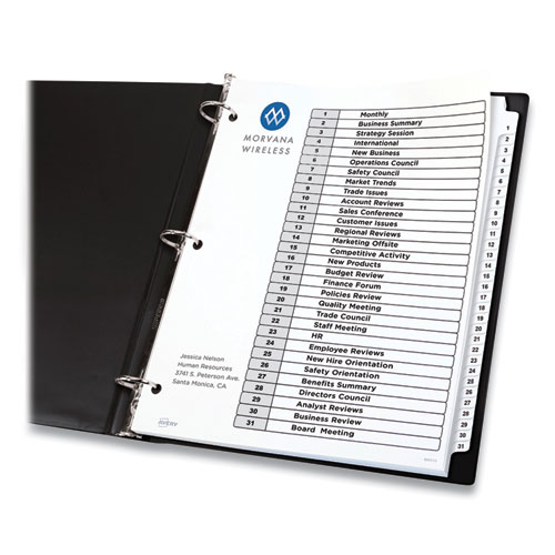Customizable Table of Contents Ready Index Black and White Dividers, 31-Tab, 1 to 31, 11 x 8.5, White, 6 Sets