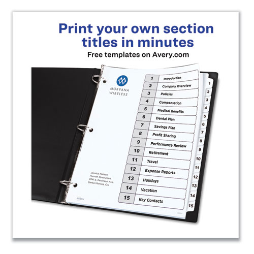 Customizable Table of Contents Ready Index Black and White Dividers, 15-Tab, 1 to 15, 11 x 8.5, White, 6 Sets