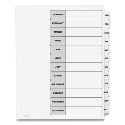 Customizable Table of Contents Ready Index Black and White Dividers, 12-Tab, Jan. to Dec., 11 x 8.5, White, 6 Sets