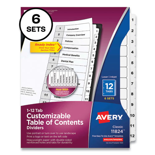 Avery® Customizable Table Of Contents Ready Index Black And White Dividers, 12-Tab, 1 To 12, 11 X 8.5, White, 6 Sets