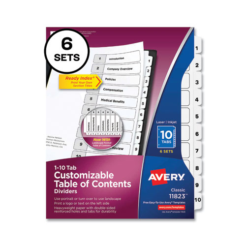 Avery® Customizable Table Of Contents Ready Index Black And White Dividers, 10-Tab, 1 To 10, 11 X 8.5, White, 6 Sets