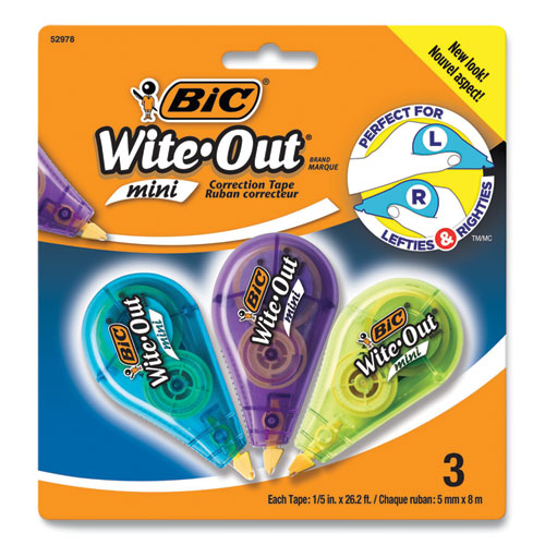 Wite-Out Brand Mini Correction Tape, Non-Refillable, Blue/Purple/Yellow Applicators, 0.2" x 314.4", 3/Pack