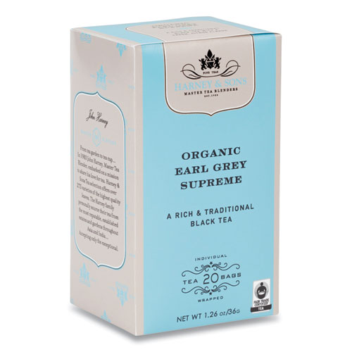 Image of Harney & Sons Premium Tea, Organic Earl Grey Supreme Black Tea, Individually Wrapped Tea Bags, 20/Box