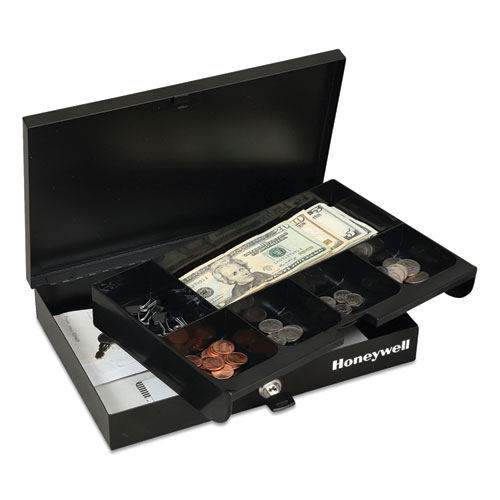 Image of Honeywell Low Profile Cash Box,1 Bill, 5 Coin Slots, Key Lock, 11.6 X 8 X 1.9, Steel, Black