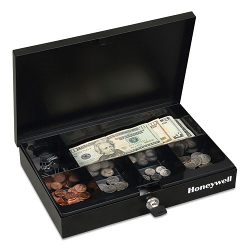 Low Profile Cash Box,1 Bill, 5 Coin Slots, Key Lock, 11.6 x 8 x 1.9, Steel, Black