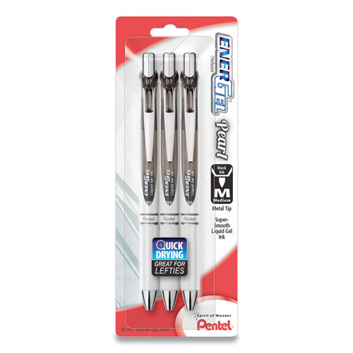 EnerGel Pearl Gel Pen, Retractable, Medium 0.7 mm, Black Ink, White/Black Barrel, 3/Pack