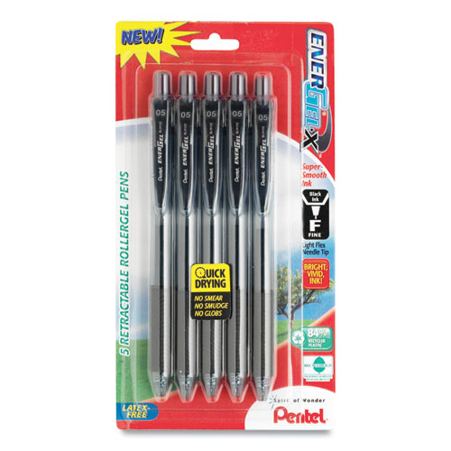 Image of Pentel® Energel-X Gel Pen, Retractable, Medium 0.7 Mm, Black Ink, Black Barrel, 5/Pack