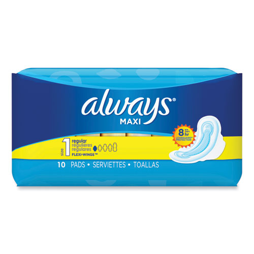 Always® Regular Maxi Pads With Wings, Regular, 10/Box