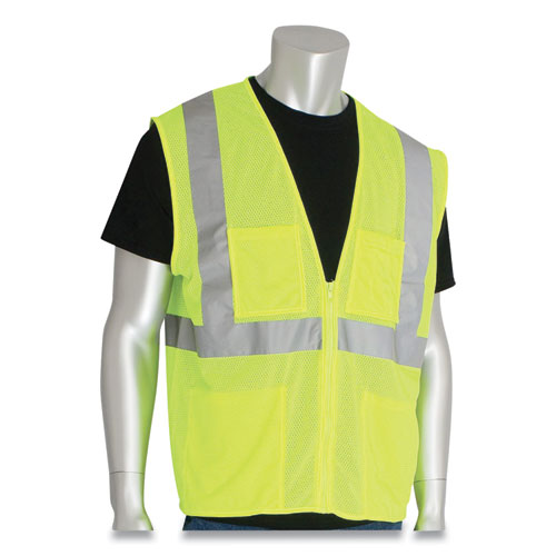 Image of Pip Ansi Class 2 Four Pocket Zipper Safety Vest, Polyester Mesh, Large, Hi-Viz Lime Yellow