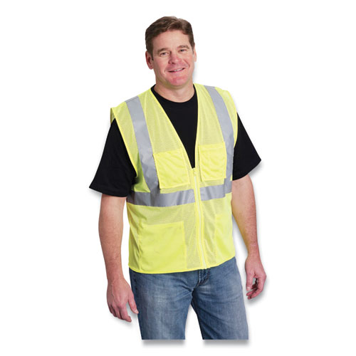 Image of Pip Ansi Class 2 Four Pocket Zipper Safety Vest, Polyester Mesh, 4X-Large, Hi-Viz Lime Yellow