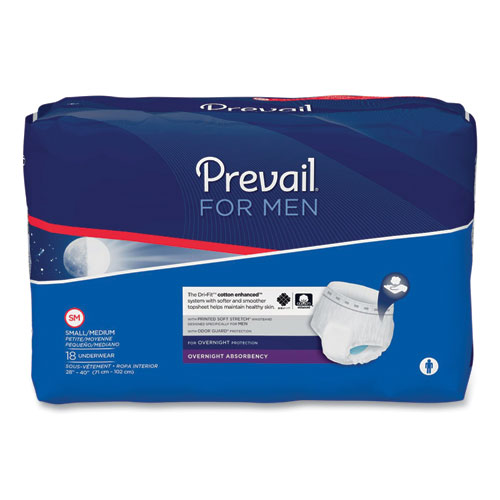 Prevail® For Men Overnight Protective Underwear, Small/Medium, 28" to 40" Waist, 72/Carton