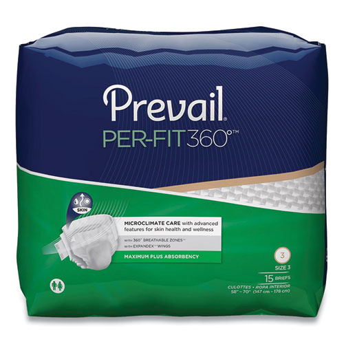 Prevail® Per-Fit360 Degree Briefs, Maximum Plus Absorbency, Size 3, 58" to 70" Waist, 60/Carton