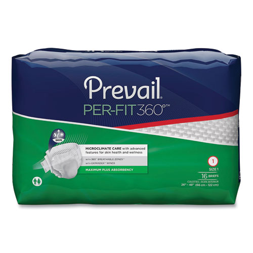Prevail® Per-Fit360 Degree Briefs, Maximum Plus Absorbency, Size 1, 26" to 48" Waist, 96/Carton