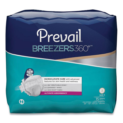 Image of Prevail® Breezers360 Degree Briefs, Ultimate Absorbency, Size 3, 58" To 70" Waist, 60/Carton
