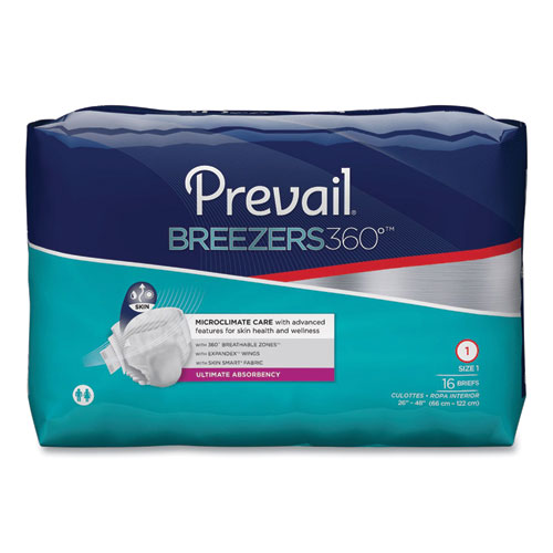 Prevail® Breezers360 Degree Briefs, Ultimate Absorbency, Size 1, 26" To 48" Waist, 96/Carton