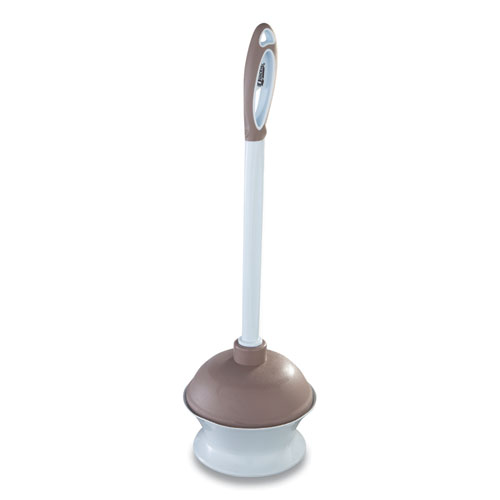 Plastic Toilet Plunger and Caddy with Microban, 16" Plastic Handle, 6.5" dia, White/Taupe