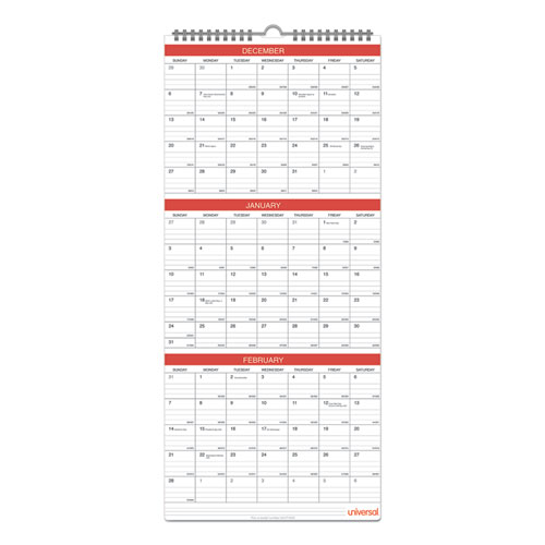 Image of 3-Month Wall Calendar, 12 x 27, White/Black/Red Sheets, 14-Month (Dec to Jan): 2022 to 2024
