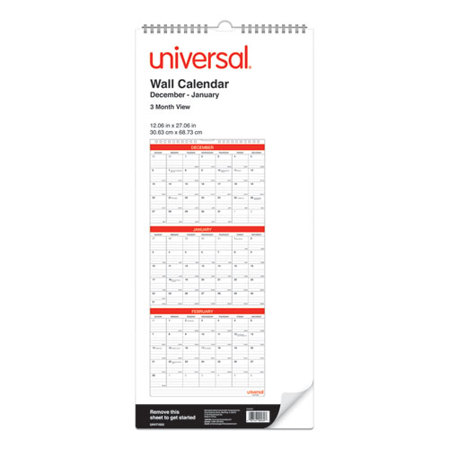 Image of 3-Month Wall Calendar, 12 x 27, White/Black/Red Sheets, 14-Month (Dec to Jan): 2022 to 2024