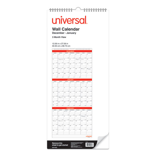 Image of Universal® Three-Month Wall Calendar, 12 X 27, White/Black/Red Sheets, 14-Month, Dec 2023 To Jan 2025