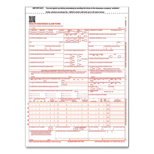 CMS-1500 Health Insurance Claim Form, One-Part (No Copies), 8.5 x 11, 100 Forms Total
