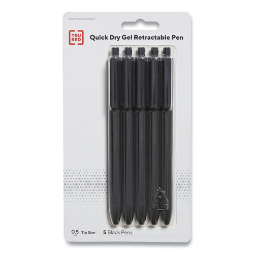 Quick Dry Gel Pen, Retractable, Fine 0.5 mm, Black Ink, Black Barrel, 5/Pack