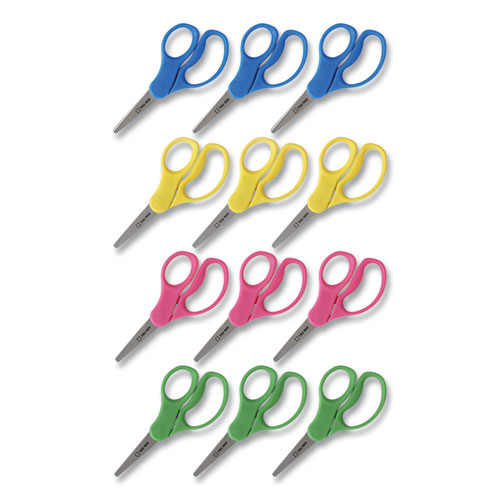 Kids' Pointed Tip Stainless Steel Scissors, 5" Long, 2.05" Cut Length, Assorted Straight Handles, 12/Pack