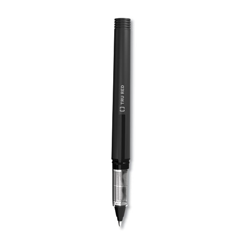 Tru Red™ Roller Ball Pen, Stick, Fine 0.5 Mm, Black Ink, Black Barrel, Dozen