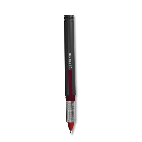Tru Red™ Roller Ball Pen, Stick, Fine 0.5 Mm, Red Ink, Black Barrel, Dozen