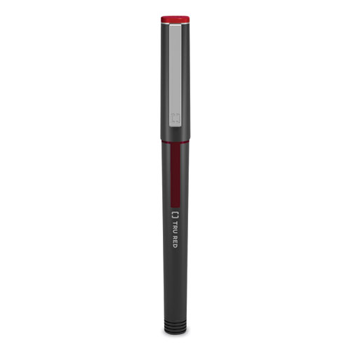 Image of Tru Red™ Roller Ball Pen, Stick, Fine 0.5 Mm, Red Ink, Black Barrel, Dozen