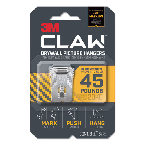3M™ Claw Drywall Picture Hanger, Holds 45 lbs, 3 Hooks and 3 Spot Markers, Stainless Steel
