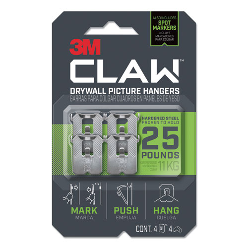 3M™ Claw Drywall Picture Hanger, Holds 25 lbs, 4 Hooks and 4 Spot Markers, Stainless Steel