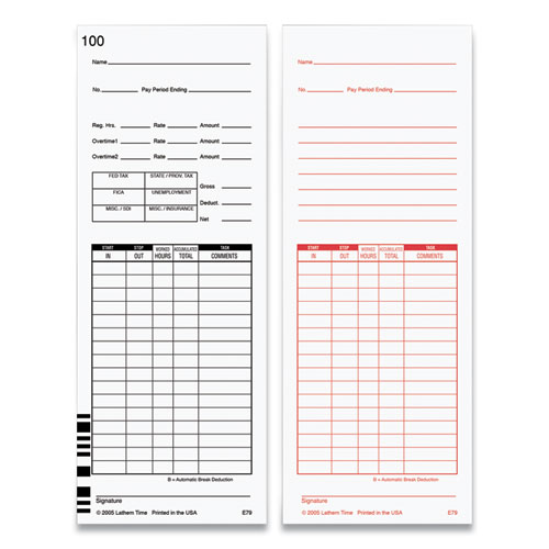 Time Clock Cards for Lathem Time 7000E/7500E, Two Sides, 3.38 x 8.78, 100/Pack