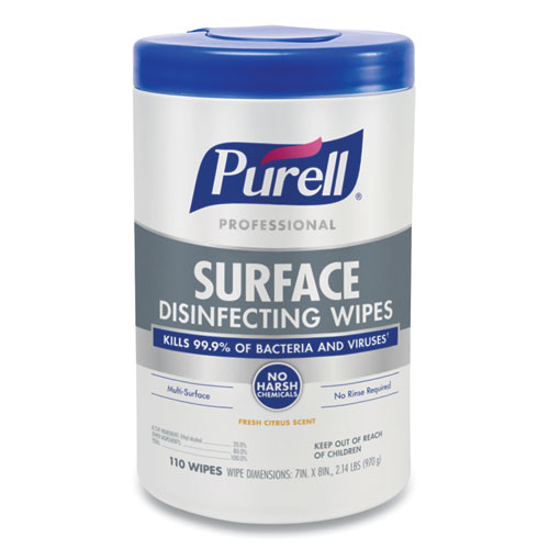 Image of Professional Surface Disinfecting Wipes, 7 x 8, Fresh Citrus, 110/Canister, 6 Canisters/Carton