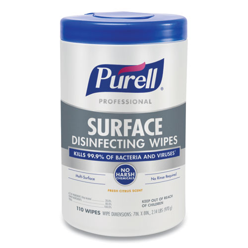 PROFESSIONAL SURFACE DISINFECTING WIPES, 7 X 8, FRESH CITRUS, 110/CANISTER, 6 CANISTER/CARTON