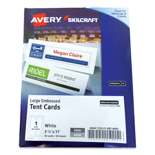 7530016878805 SKILCRAFT/AVERY Tent Cards, White, 3.5 x 11, 1 Card/Sheet, 50 Cards/Box