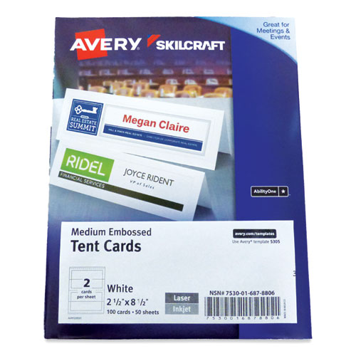7530016878806 SKILCRAFT/AVERY Tent Cards, White, 2.5 x 8.5, 2 Cards/Sheet, 100 Cards/Box
