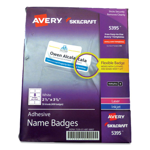 7530016878807 SKILCRAFT/AVERY Adhesive Name Badges, 2.33 x 3.38, White, 400/Pack