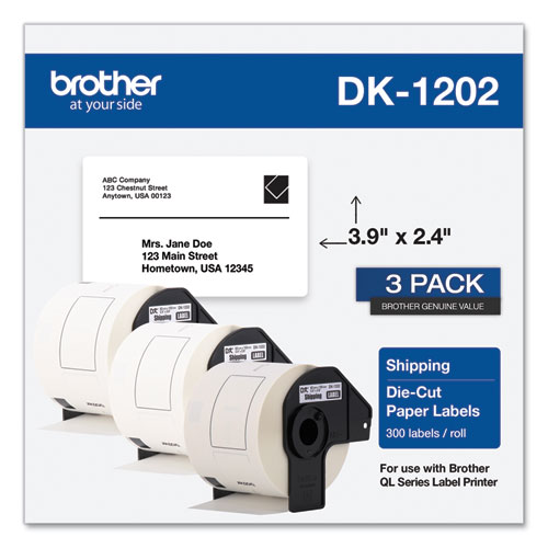 Image of Brother Die-Cut Shipping Labels, 2.4 X 3.9, White, 300 Labels/Roll, 3 Rolls/Pack