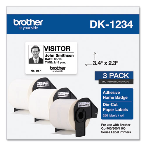 Image of Brother Die-Cut Name Badge Labels, 2.3 X 3.4, White, 260 Labels/Roll, 3 Rolls/Pack