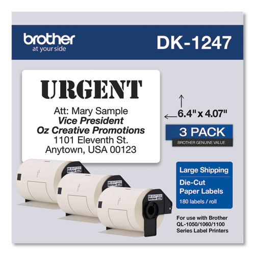 Image of Brother Die-Cut Shipping Labels, 4.07 X 6.4, White, 180 Labels/Roll, 3 Rolls/Pack