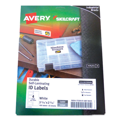 7530016878445 SKILCRAFT/AVERY Durable Self-Laminating ID Labels, 2.31 x 3.31, White, 4/Sheets, 25 Sheets/Pack